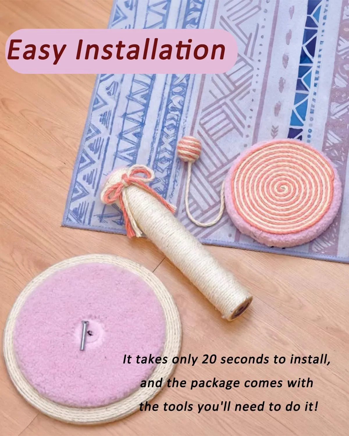 Natural sisal cat scratching post with hanging ball in blue, orange, and pink colour options