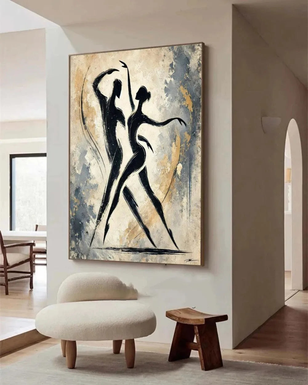 Hand-painted characters abstract oil painting on canvas, vertical unframed wall art for home rooms.
