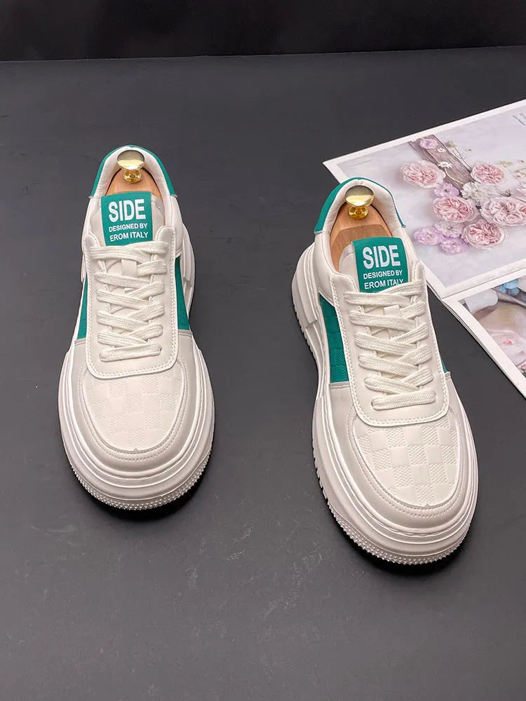 White casual sports shoes with green accents, cloth upper and rubber foam sole, optional 1.2cm height increase