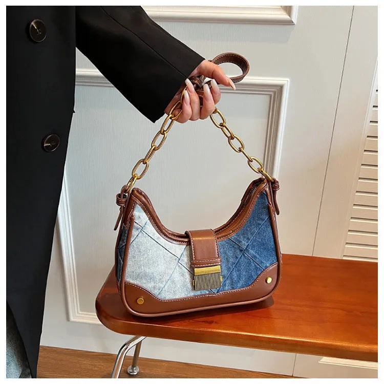Brown denim women's shoulder bag with diamond mesh panels and chain straps