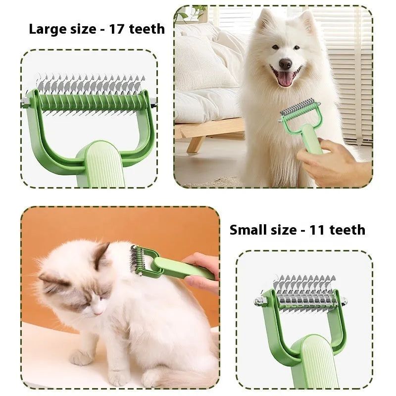 Green and grey pet unknotting comb for dogs with stainless steel teeth on a PP handle.