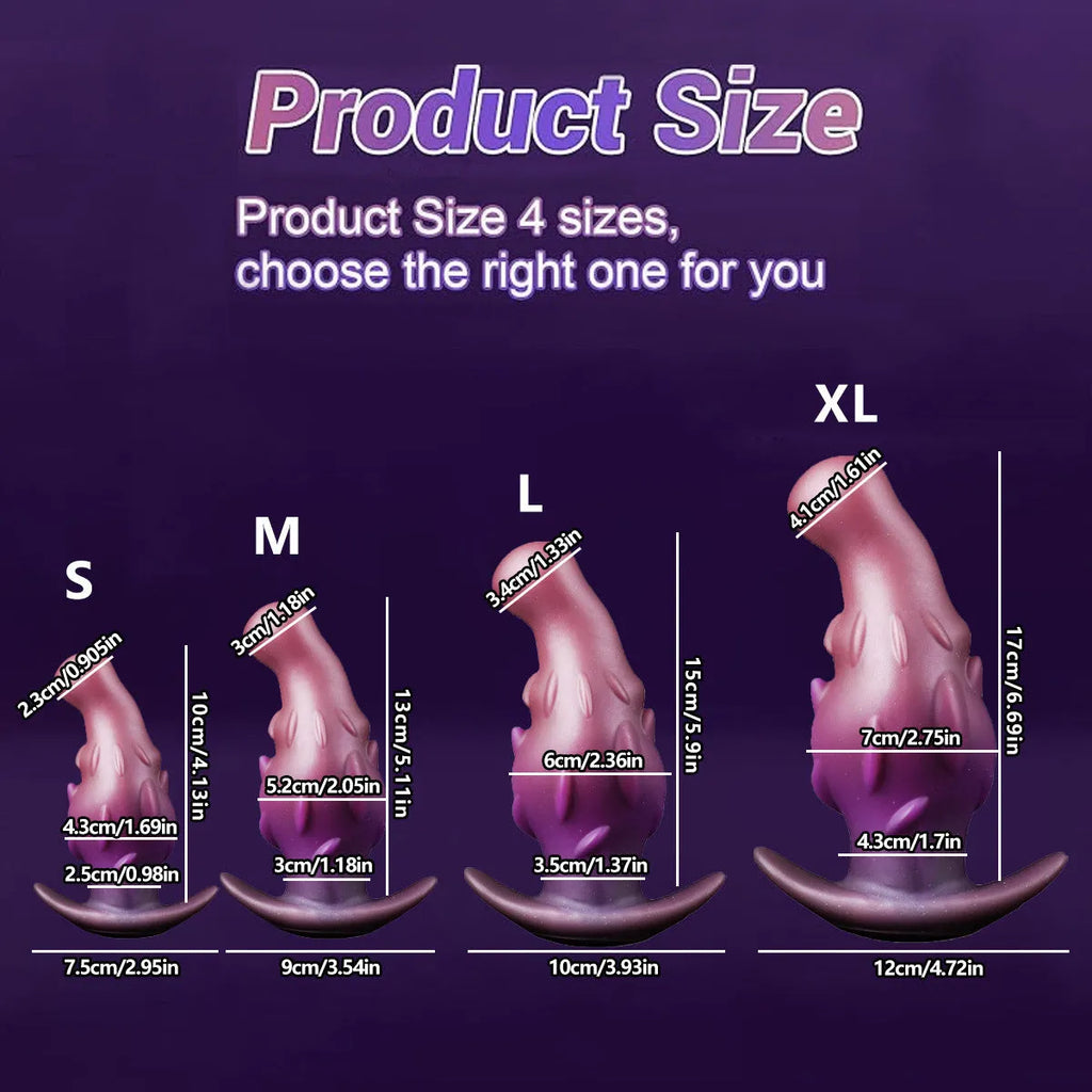 Purple, gold, and black liquid silicone unisex masturbator shown in small, medium, large, and extra-large sizes