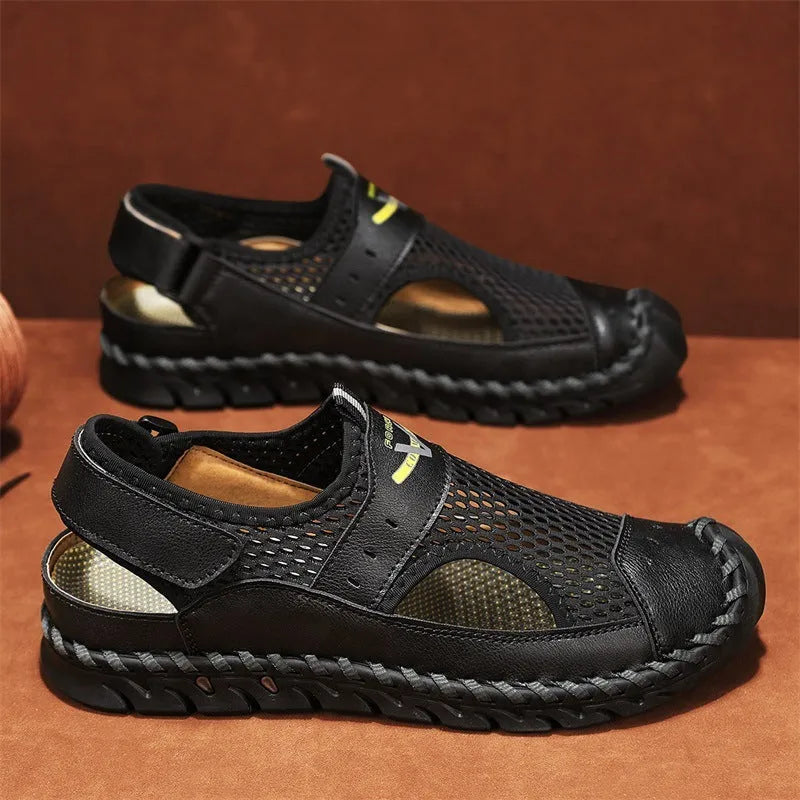 Men's black leather low-top pumps with mesh panels and an elastic band closure.