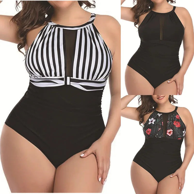 Women's black lace one-piece swimsuit on a mannequin, showing front design.