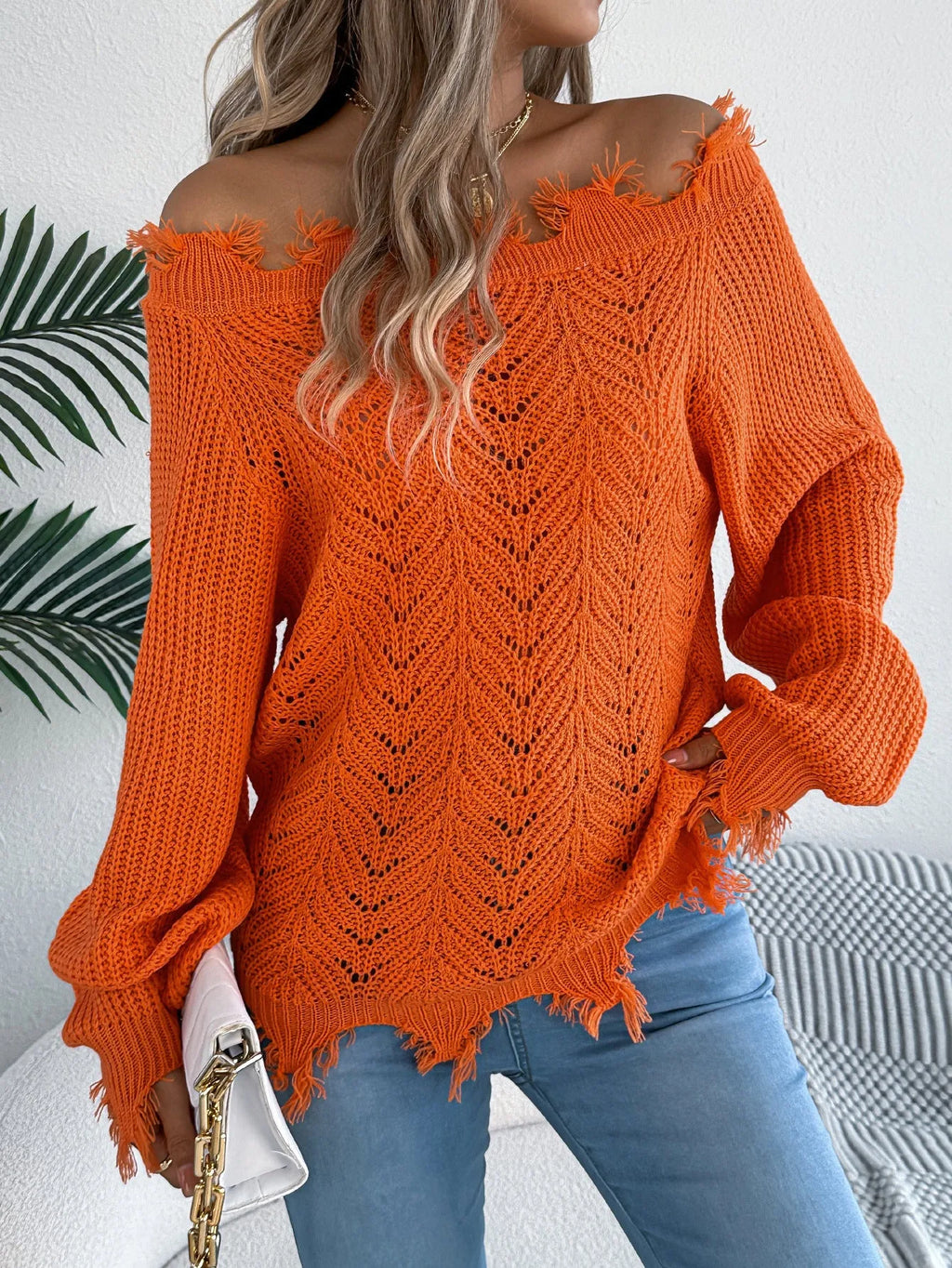 White women's hollow-out off-the-shoulder long sleeve acrylic wool pullover sweater