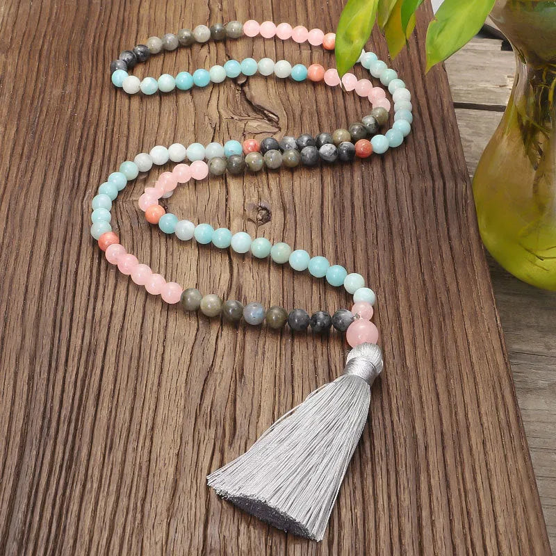 Bohemian stone necklace and bracelet set with colourful tassel pendant