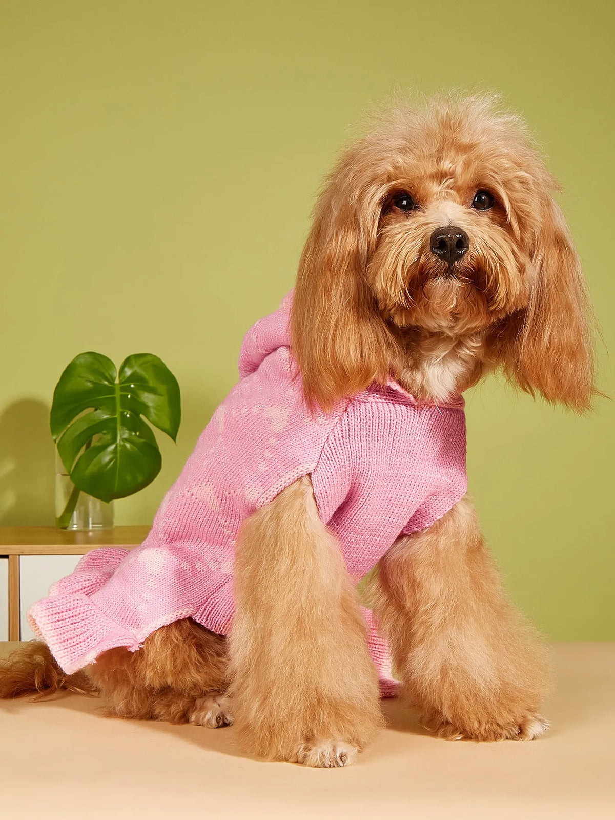 Small dog knit hoodie dress sweater with heart design in blue, gray, pink, or red, sizes XS to L