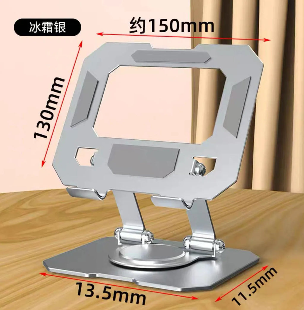 Black height-adjustable foldable laptop stand with heat dissipation grid, supporting a laptop on a desk