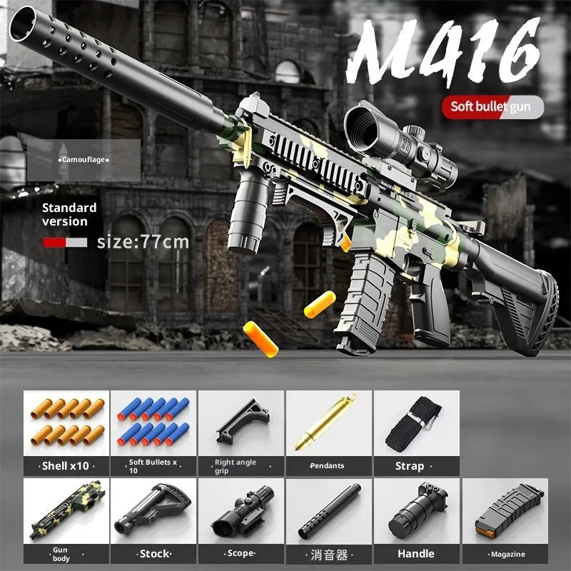 M416 toy soft bullet gun in sand colour with manual bolt throwing shell, plastic construction, includes accessories.