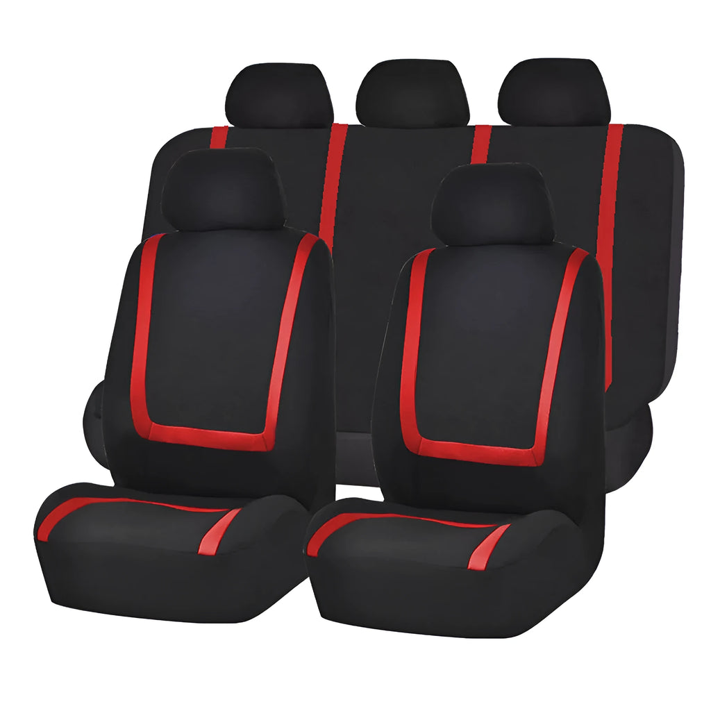 Beige black fabric car seat covers showing headrest and front piece installation