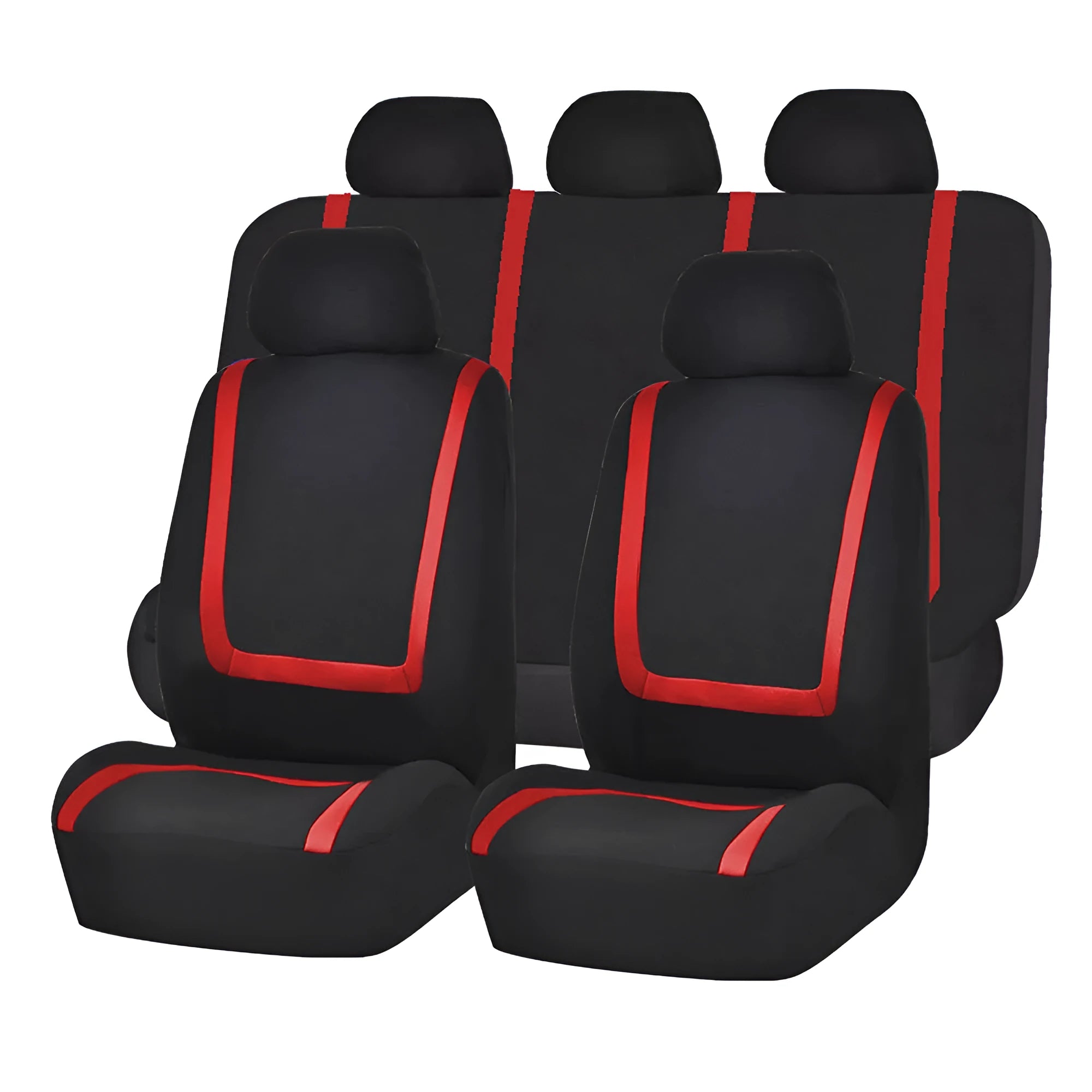 Beige black fabric car seat covers showing headrest and front piece installation