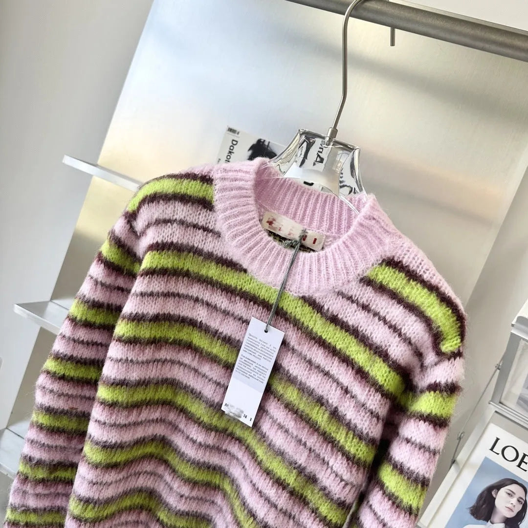 Pink wool knitted cardigan sweater with contrast colour detailing and regular sleeves
