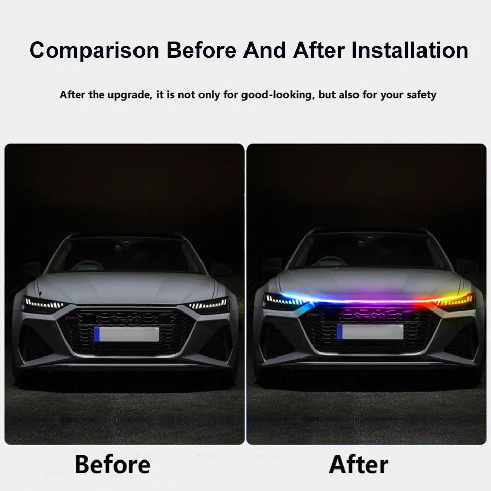 Flexible PVC LED light strip for automotive engine cover installation in various lengths and colours.