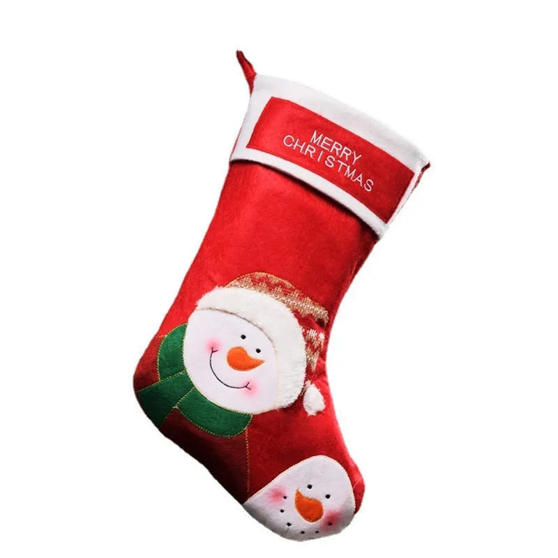 Non-woven fabric Christmas candy bag hanging as a stocking, available in Elk, Old Man, or Snowman print designs.