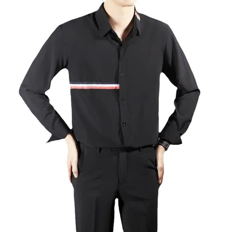 Hong Kong style men's loose casual shirt cardigan in cotton blend polyester fabric
