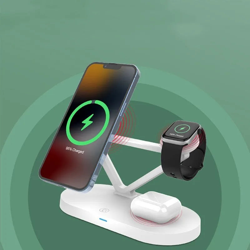 Black wireless magnetic charging station for Apple watch, AirPods and smartphone