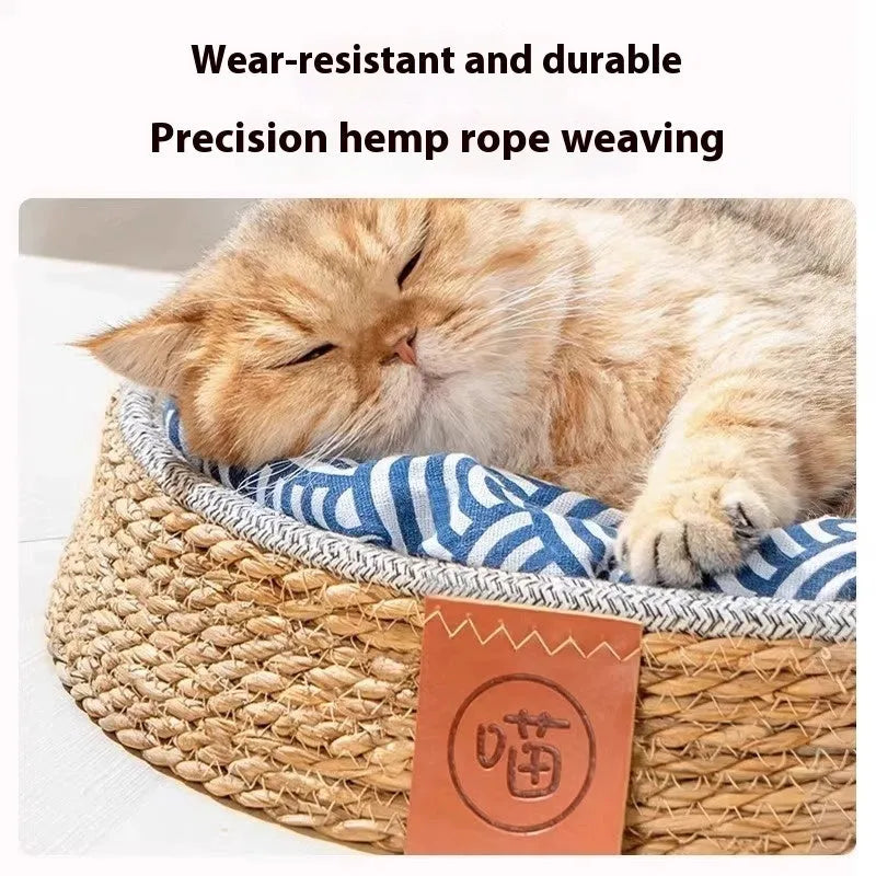 A rattan woven cat nest bed available in sizes S, M, L, and XL for pet comfort.