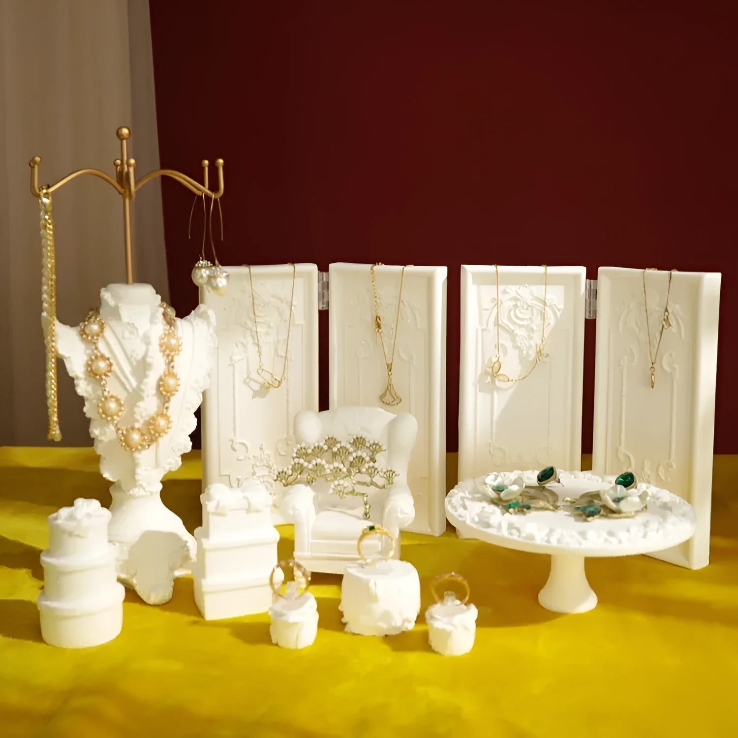White plaster three-layer gypsum jewellery display stand with retro shape for necklaces and rings