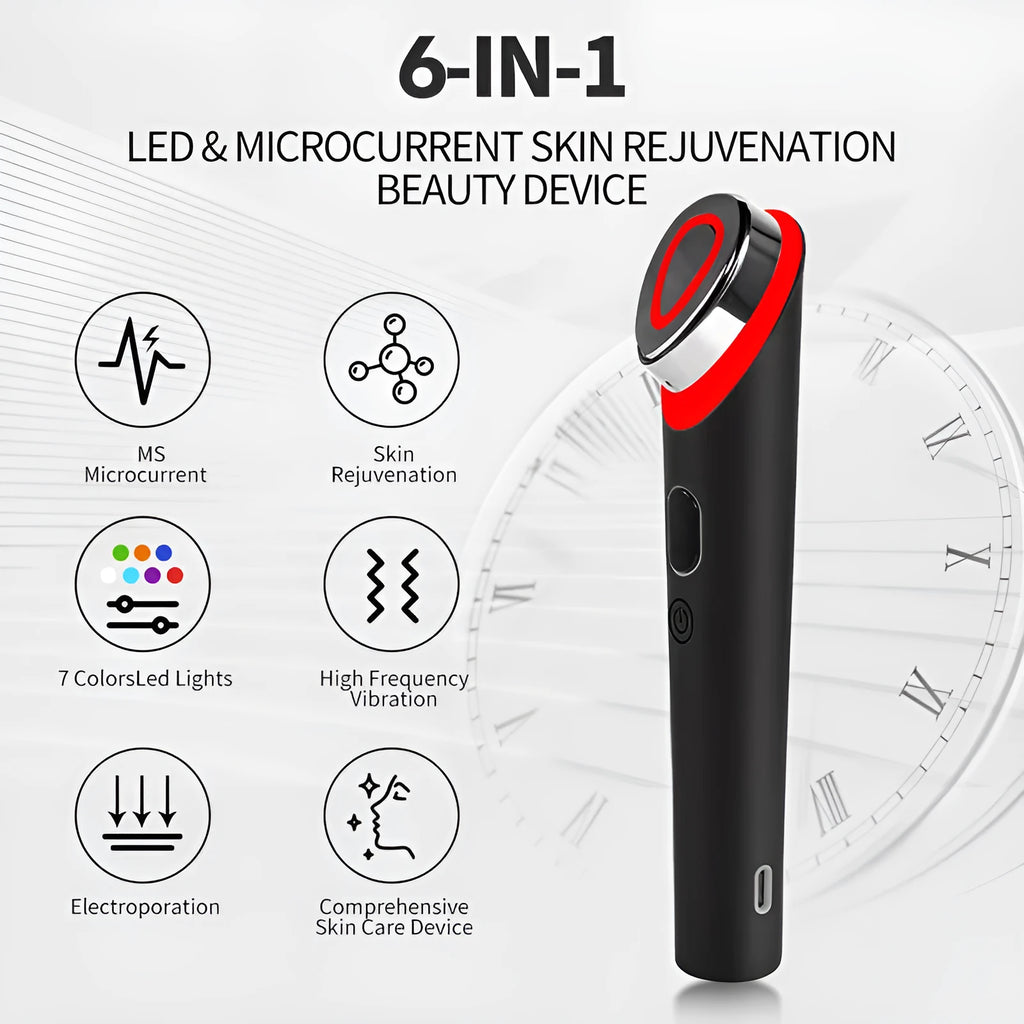 Black 7 colour light vibration face eye massager with red and blue light therapy.
