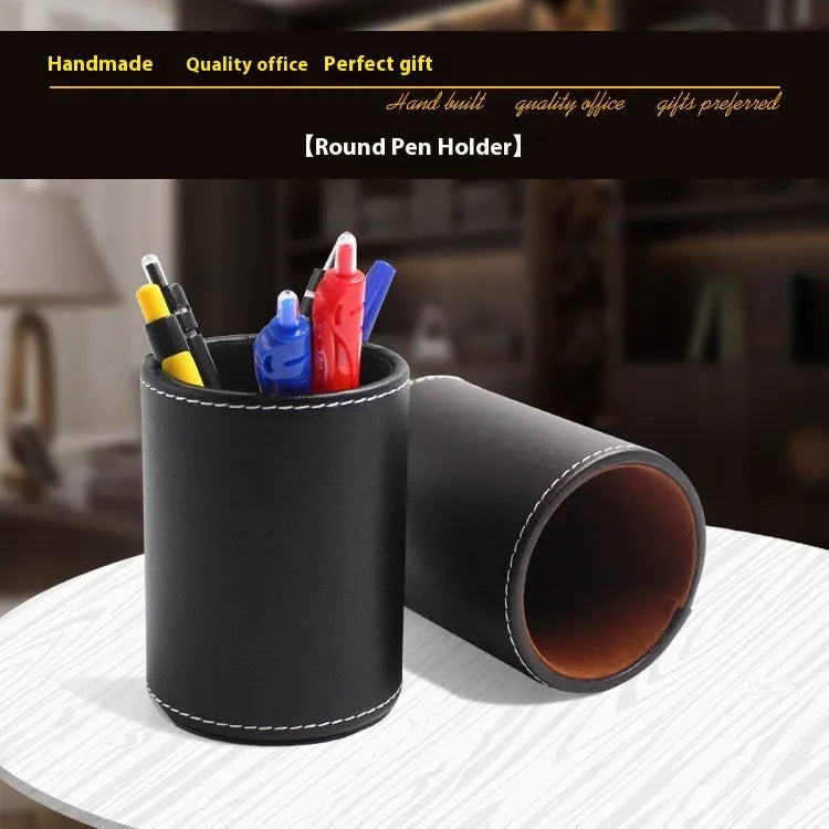 Black leather cylindrical pen container showing 8cm diameter and 10.8cm height dimensions