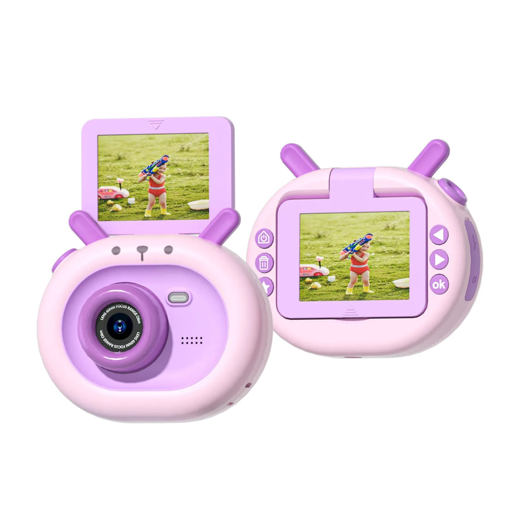 Purple children's digital camera with flip screen and silicone protection case