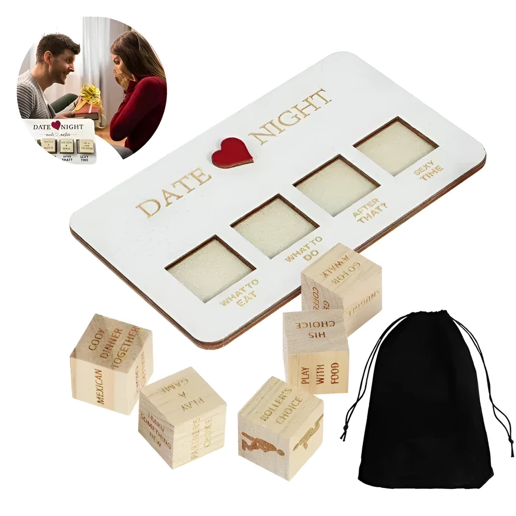 Wooden date night dice set for couples showing five dice, a rectangular planner board, and a black storage bag.