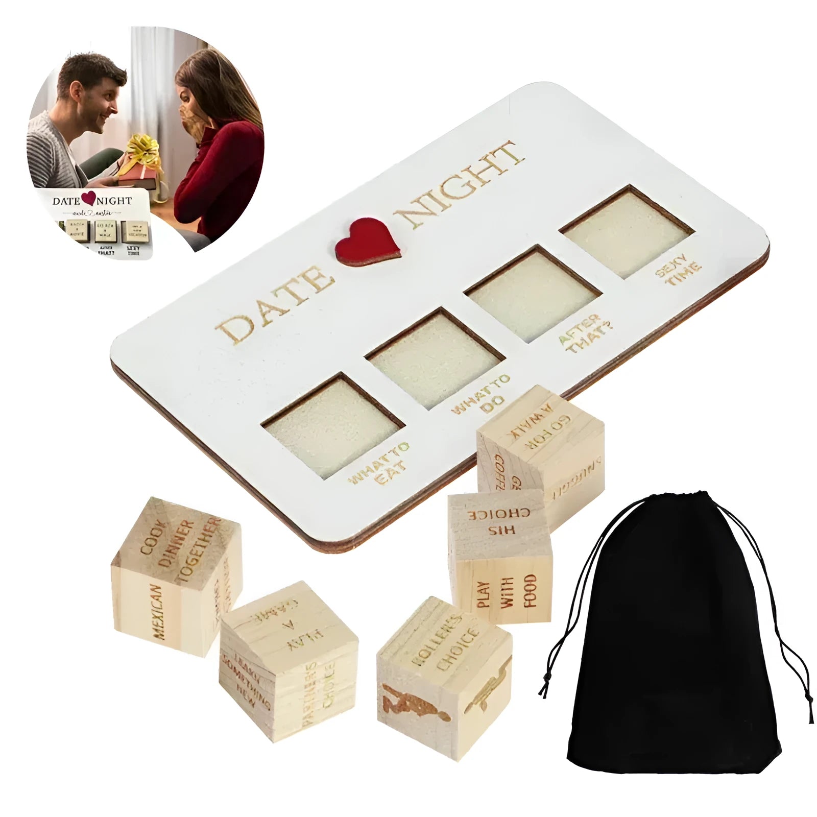Wooden date night dice set for couples showing five dice, a rectangular planner board, and a black storage bag.