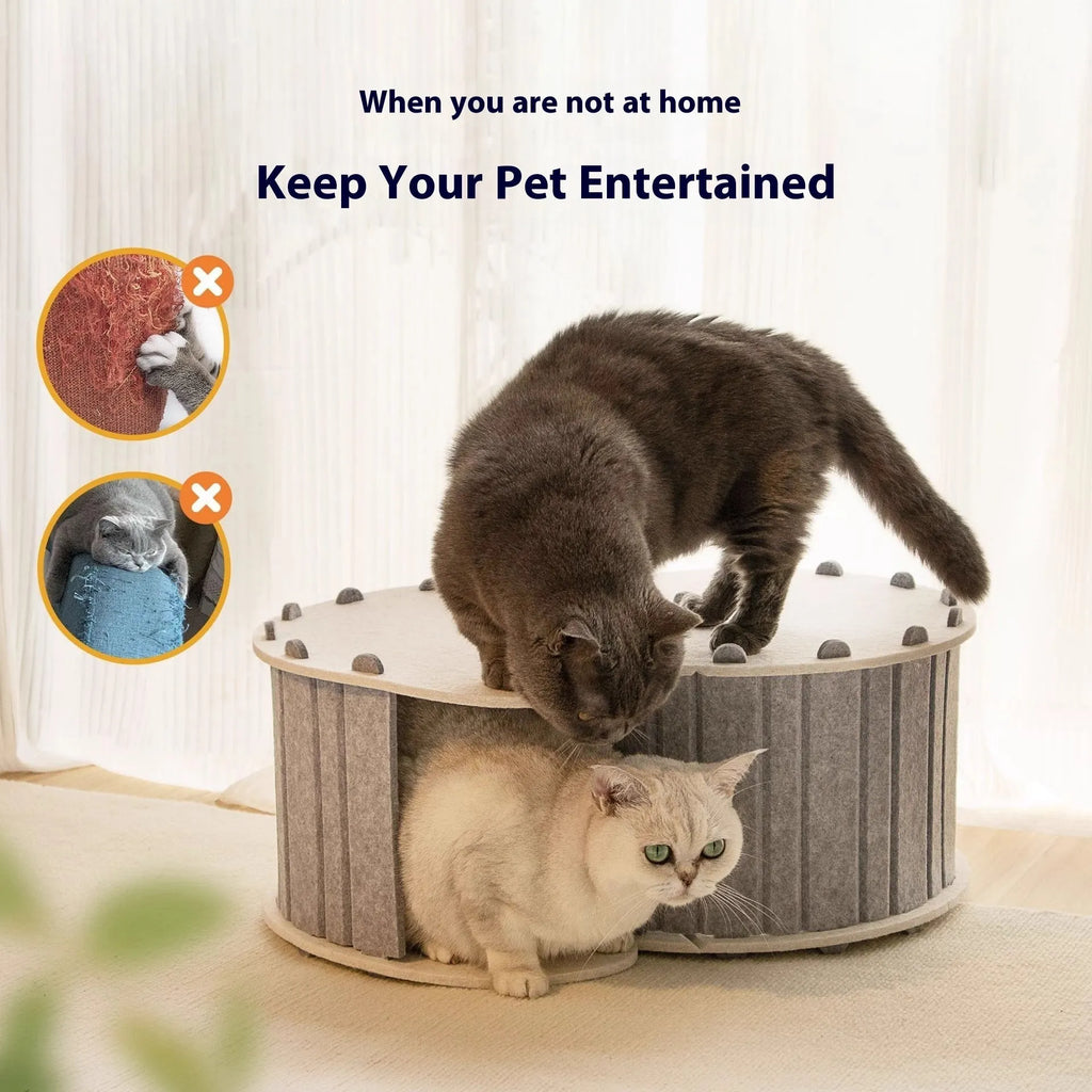 Foldable semi-closed felt cat scratch board nest in camel colour, size 58x40x24 cm