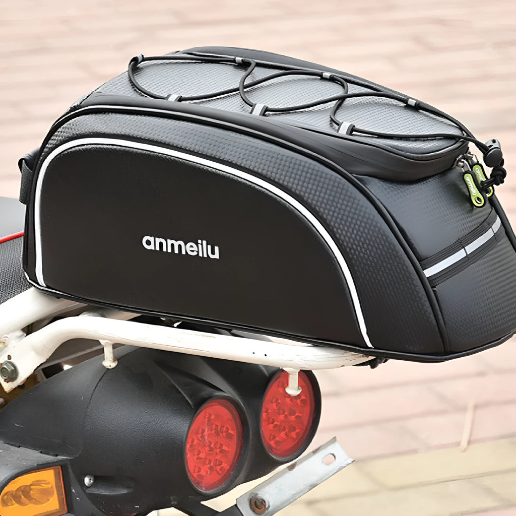 Waterproof black bicycle rear rack bag with 8L capacity mounted on bike