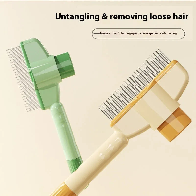 Yellow and green self-cleaning pet combs with stainless steel teeth on a white background