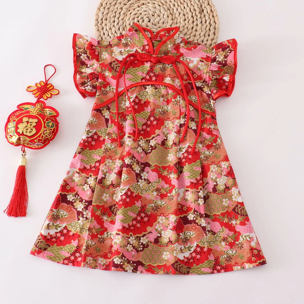 Girls Chinese style cotton dress with small floral splicing, available in red and other colours, heights 80cm to 150cm