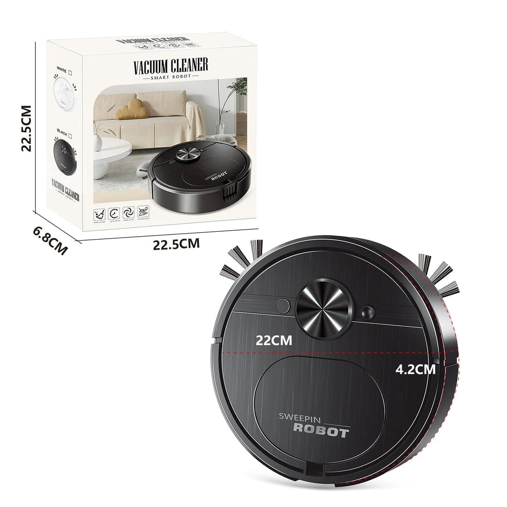 Black and white three-in-one robot vacuum cleaner with USB charging cable and cleaning accessories