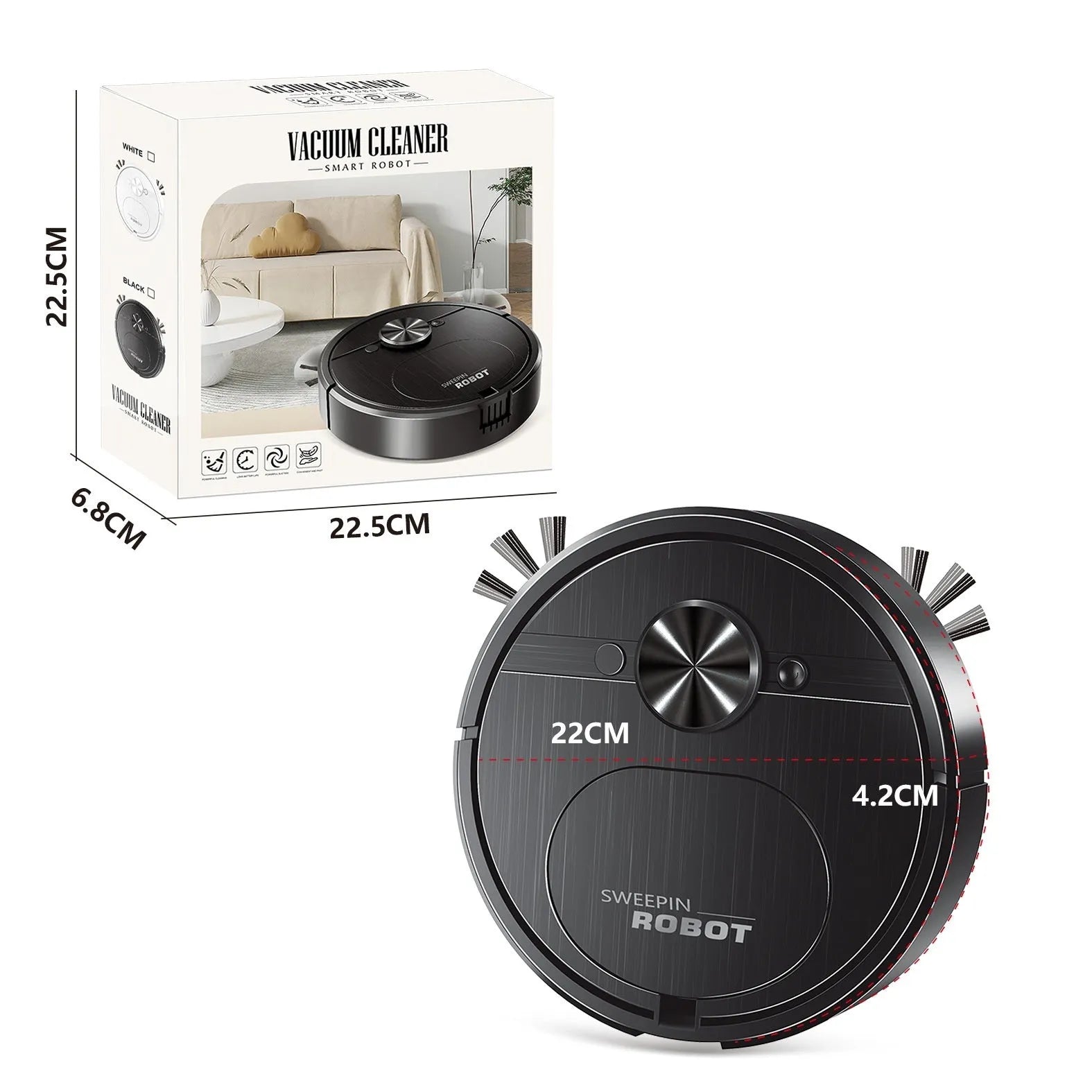 Black and white three-in-one robot vacuum cleaner with USB charging cable and cleaning accessories