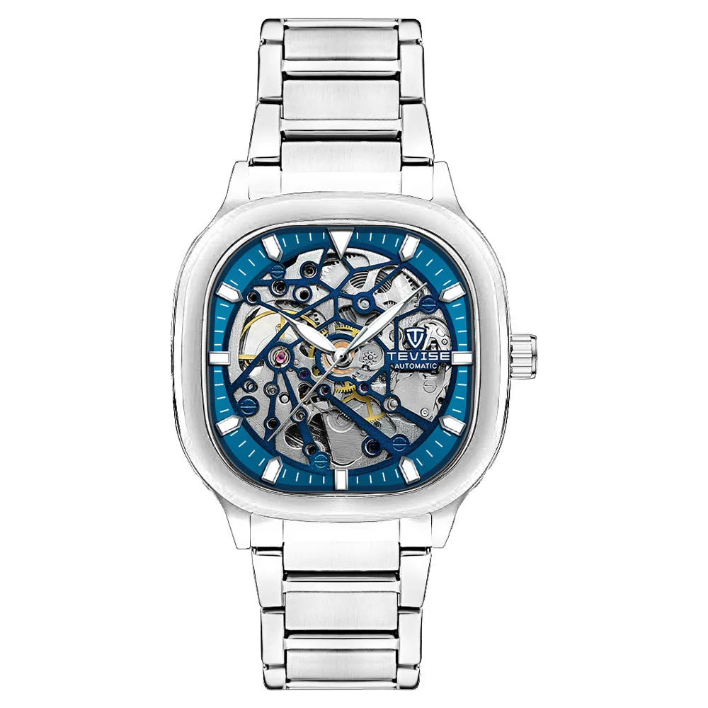 Men's square automatic watch with luminous dial on a stainless steel strap, shown in blue colour.