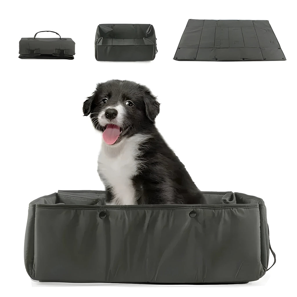 Portable dog travel bed in black, 3-in-1 pet carrier, mat and cushion, collapsible water and dirt resistant kennel