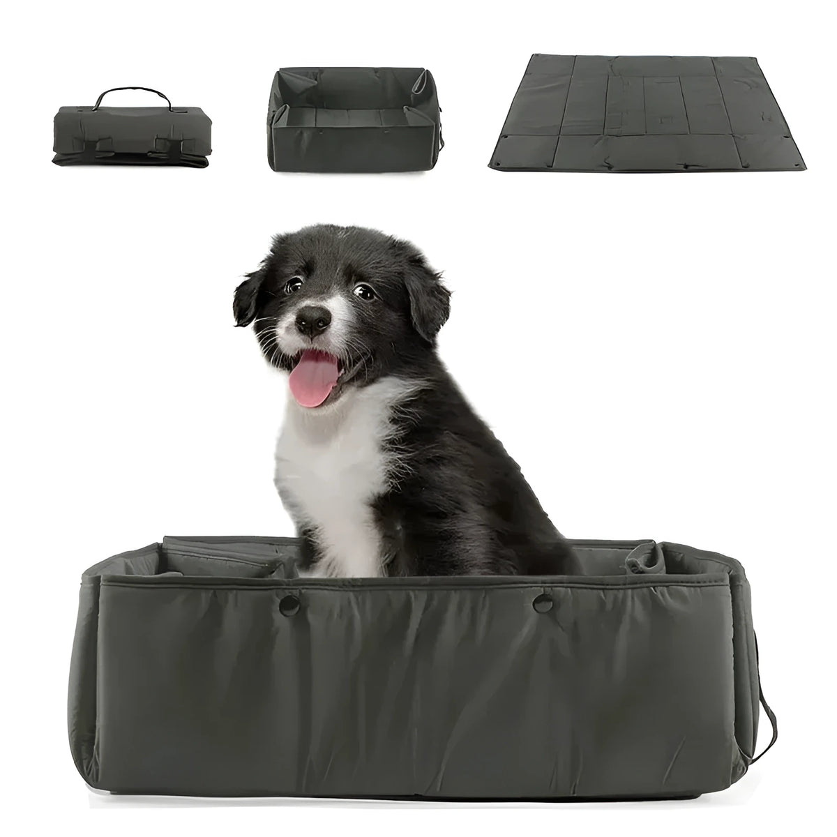 Portable dog travel bed in black, 3-in-1 pet carrier, mat and cushion, collapsible water and dirt resistant kennel