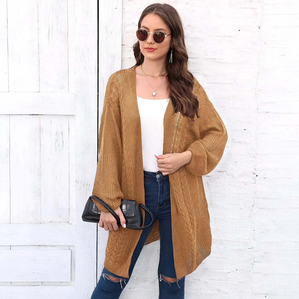 Women's loose-fit solid-colour acrylic sweater coat shown in light grey
