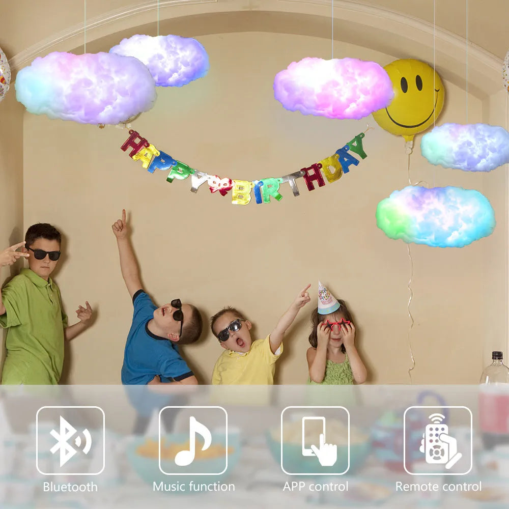 White fabric cloud-shaped pendant light with colourful RGBIC LED lighting and a USB cable.