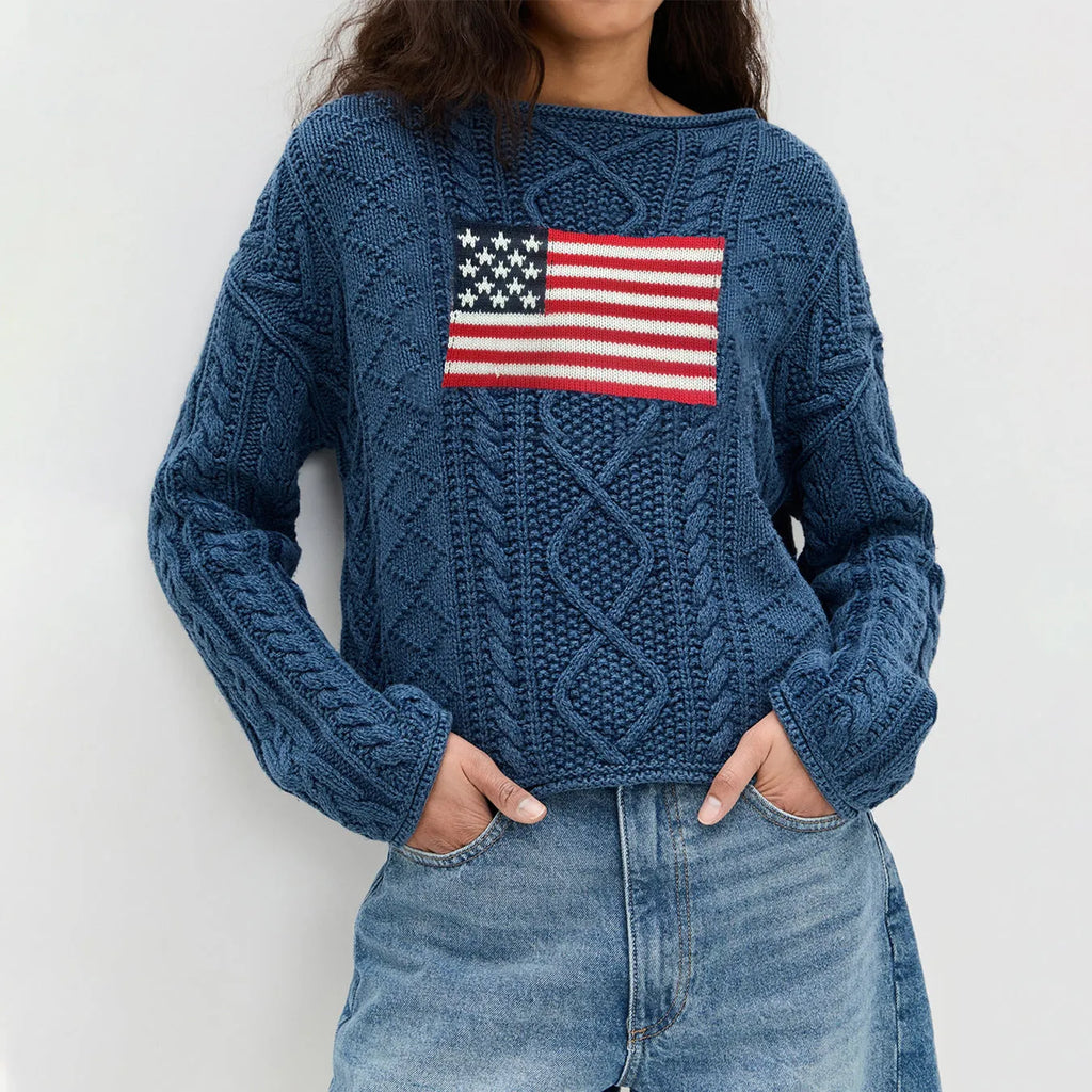 Women's navy blue lazy sense top with national flag pattern, long sleeve pullover style in acrylic fibre