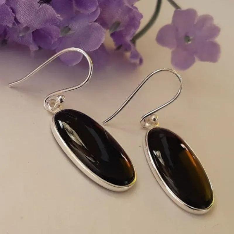 Black agate pendant earrings with geometric design and electroplated alloy construction