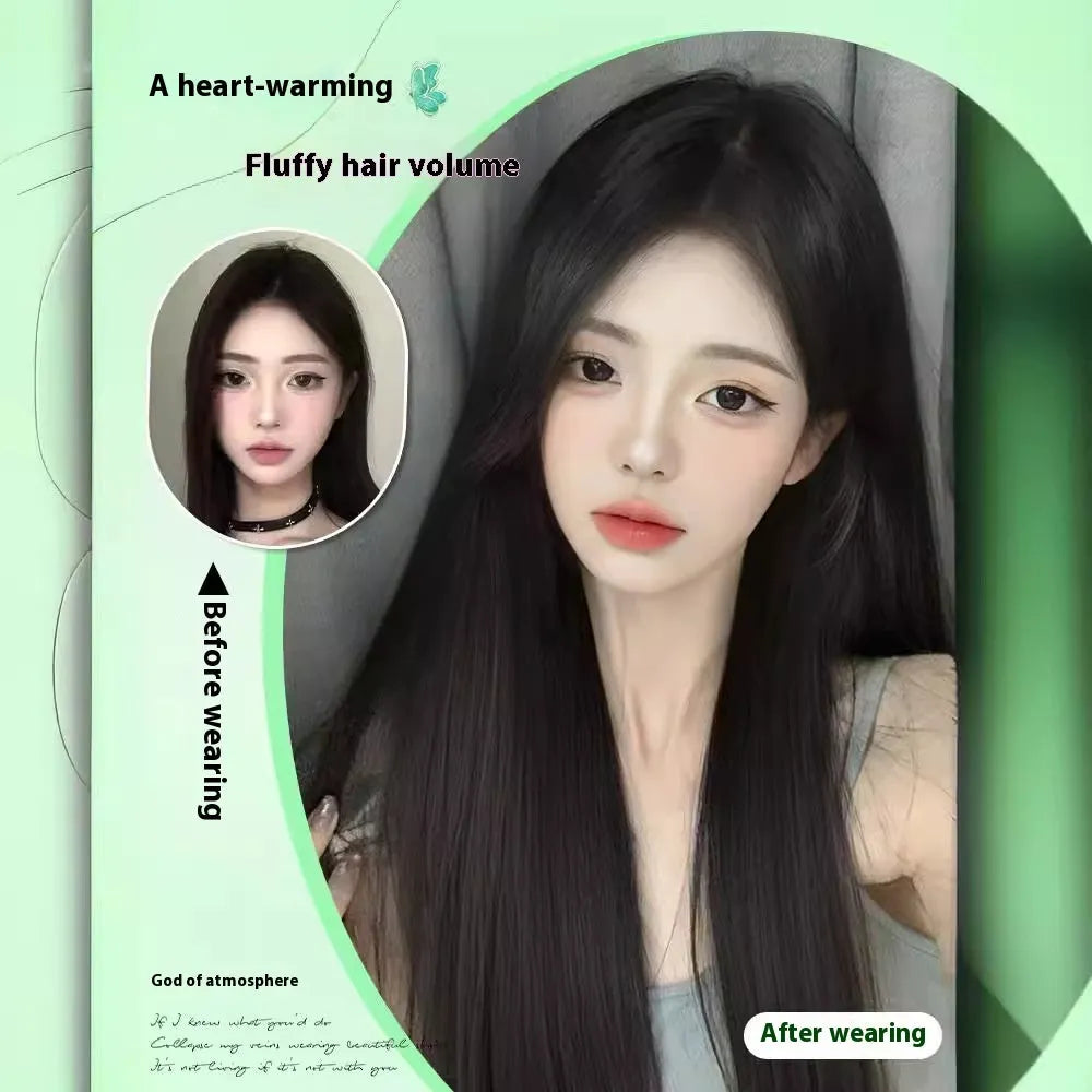 Female full-head wig with forehead lace in brown black colour showing fluffy construction and seamless hairline blending