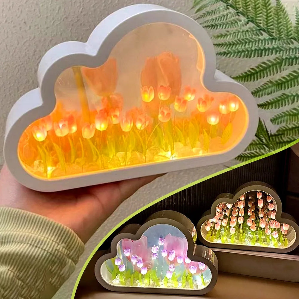 Cloud-shaped tulip night lamp with LED lights and integrated mirror on a table