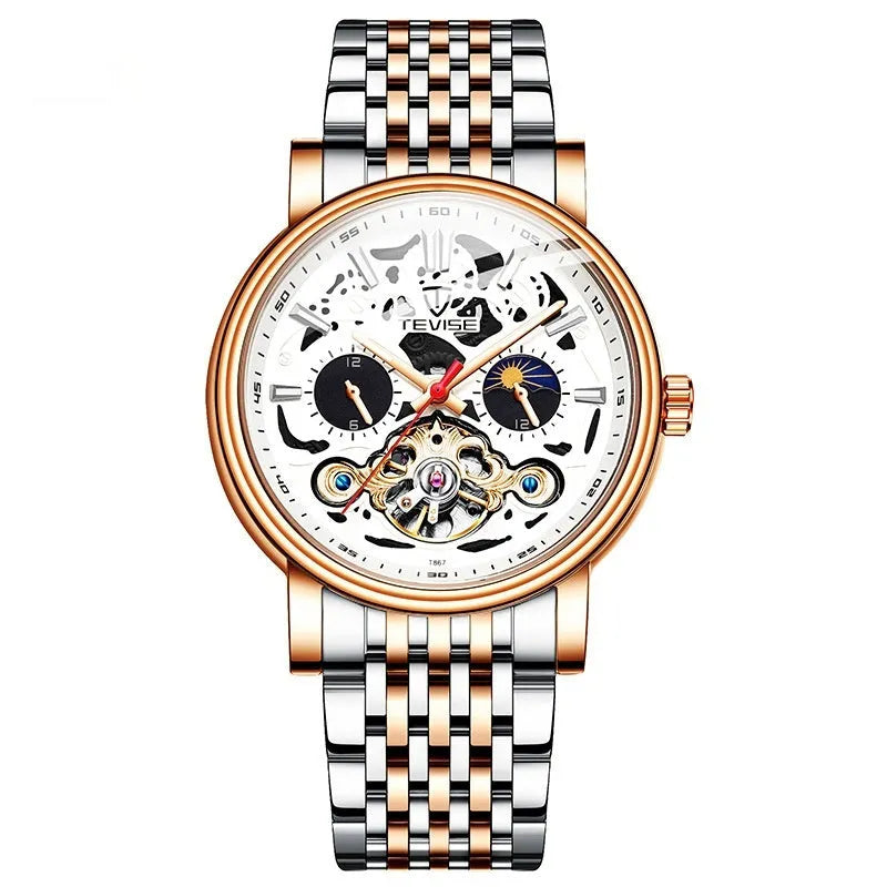 Men's fashion tourbillon mechanical watch with waterproof construction and luminous details