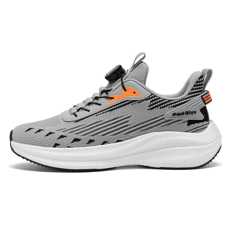 Men's white and green casual running shoes with rotating buckle and Fly-knit mesh upper on a flat TPU sole.