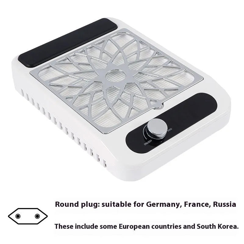 White nail dust collector with adjustable speed control and removable filter net for nail art
