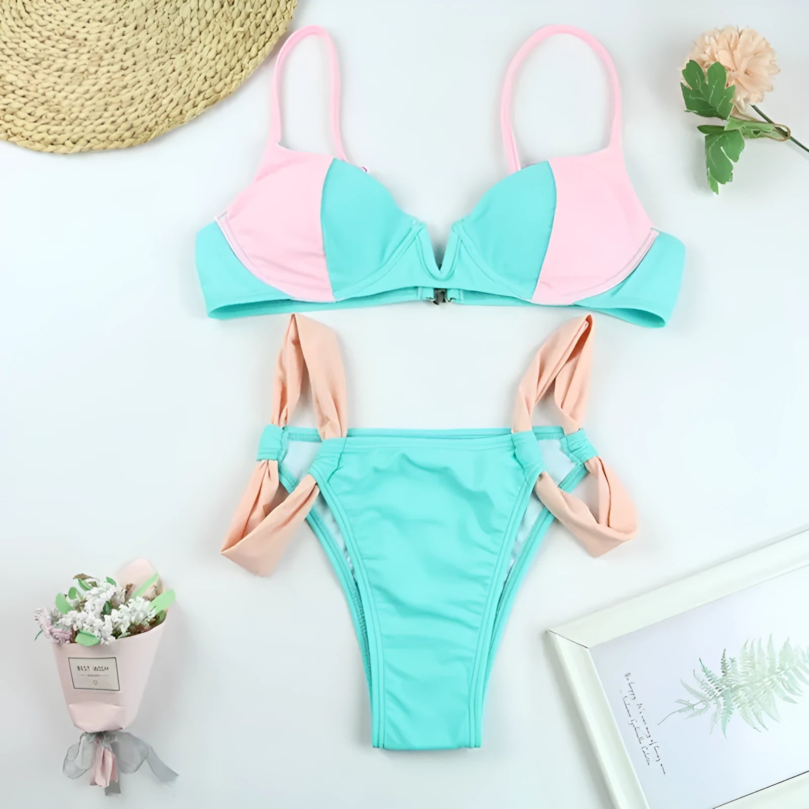 Blue v-neck halter bikini with high-waist backless briefs and stitching ribbon detail