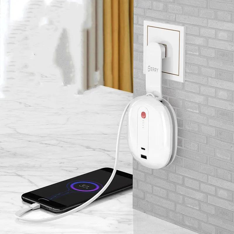 White or black two-in-one power bank with built-in plug showing 10000mAh capacity and compact 92x108x30mm dimensions