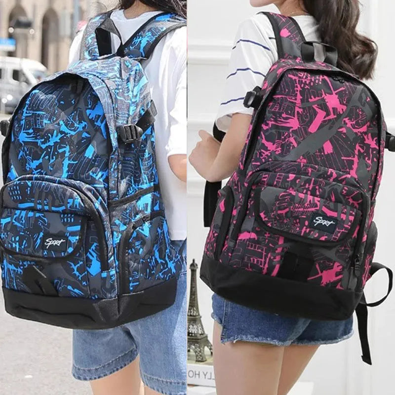 A classic blue or red nylon backpack with a large main compartment and multiple organiser pockets.