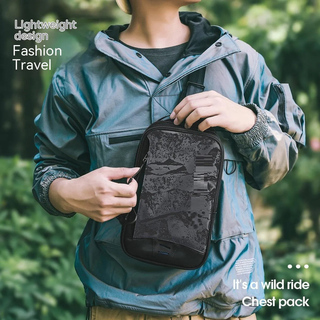 Casual black TPU camouflage chest bag with single shoulder strap and soft handle on a plain background.