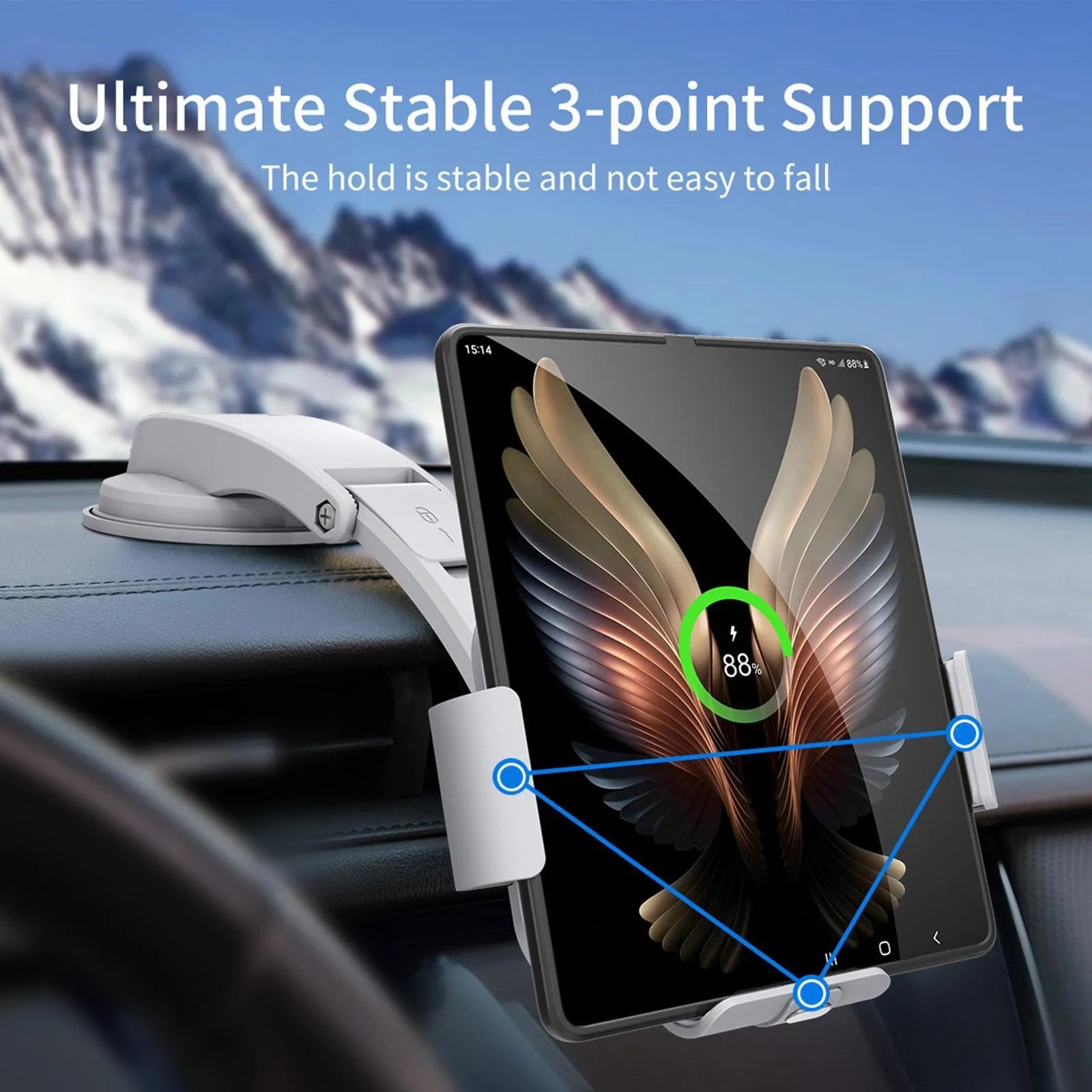 Grey and white car wireless charging phone holder with vent clip and suction cup mount on a dashboard.